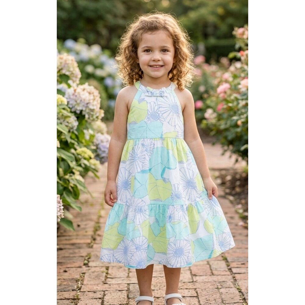 Girls Tiered Halter Dress Floral Blue Green White Bow Neck- 5T